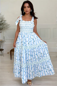 Floral Smocked Tied Straps A-Lined Tiered Maxi Dress - KaleaBoutique.com