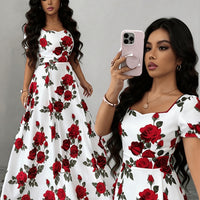 Elegant Vintage Rose-print Puff-sleeve Maxi Dress - KaleaBoutique.com