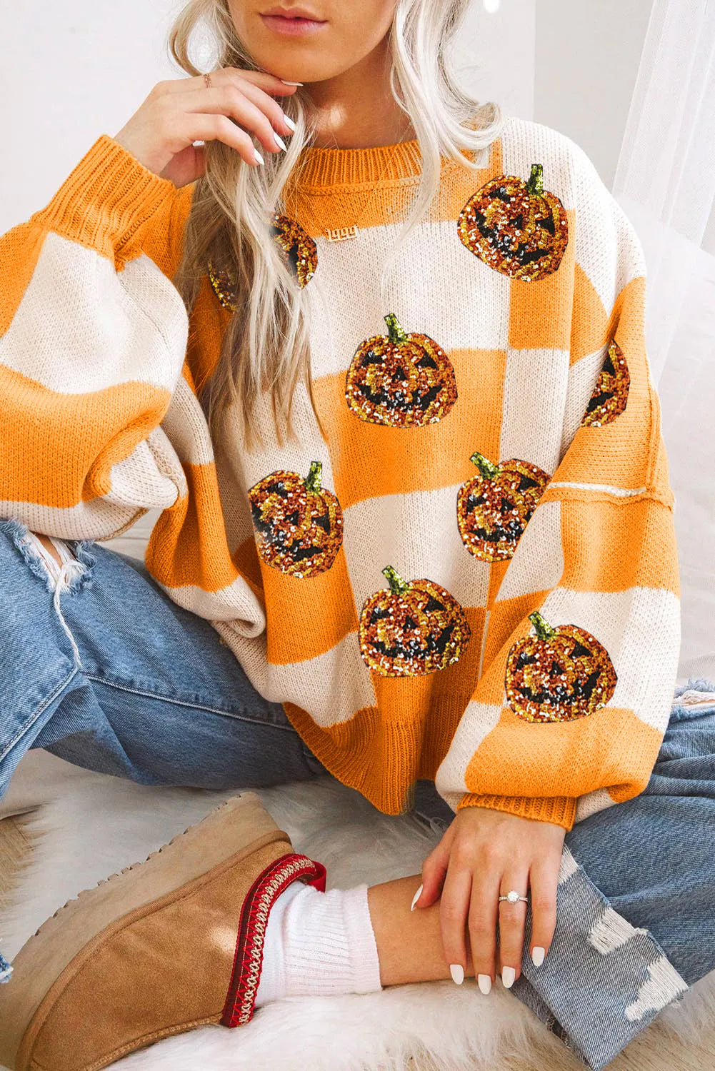 KaleaBoutique Sequined Halloween Pumpkin Checkered Pattern Puff Sleeve Sweater - KaleaBoutique.com