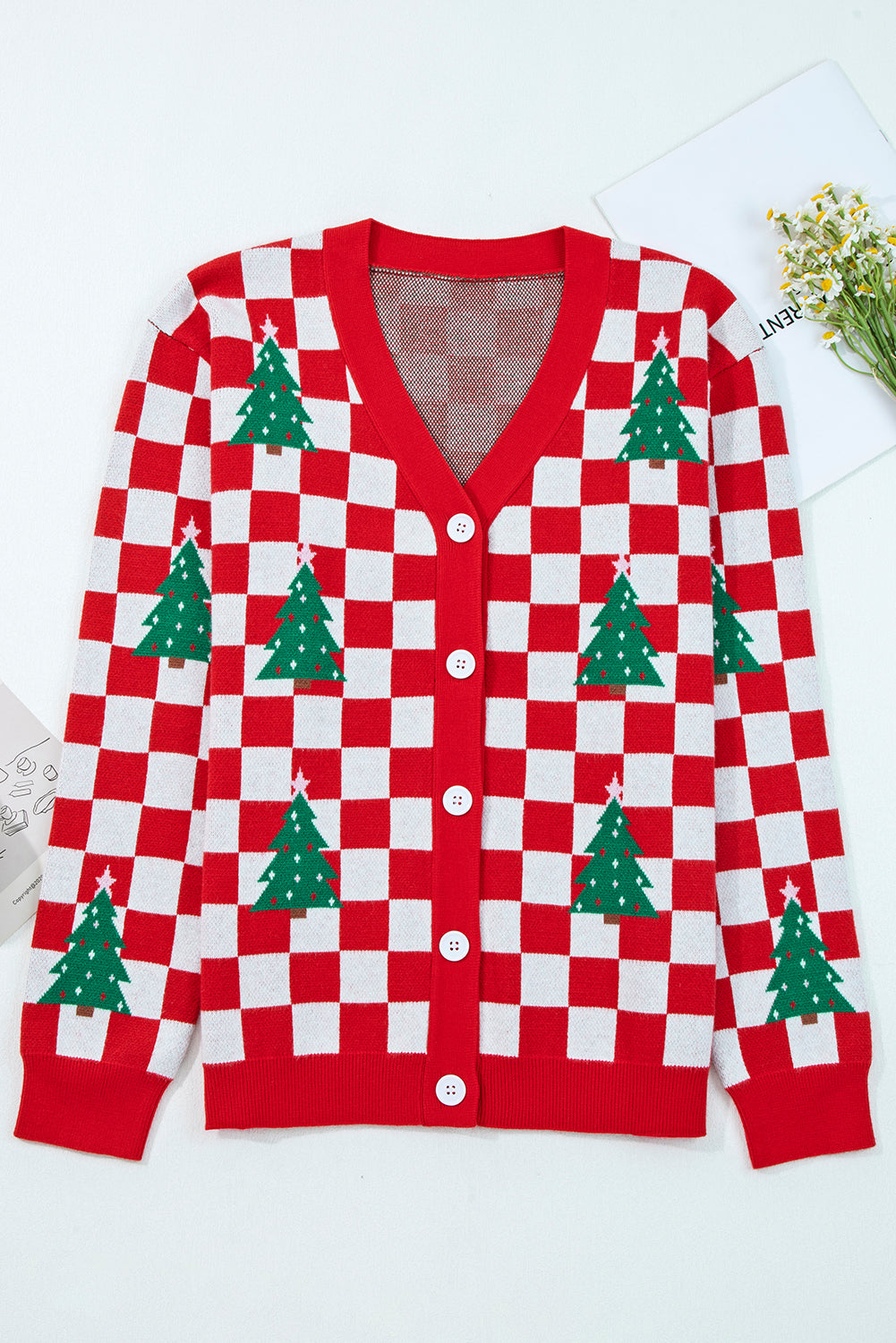 KaleaBoutique Comfortable Checkered Christmas Tree Pattern Button V Neck Cardigan Sweater - KaleaBoutique.com
