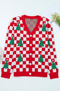 KaleaBoutique Comfortable Checkered Christmas Tree Pattern Button V Neck Cardigan Sweater - KaleaBoutique.com