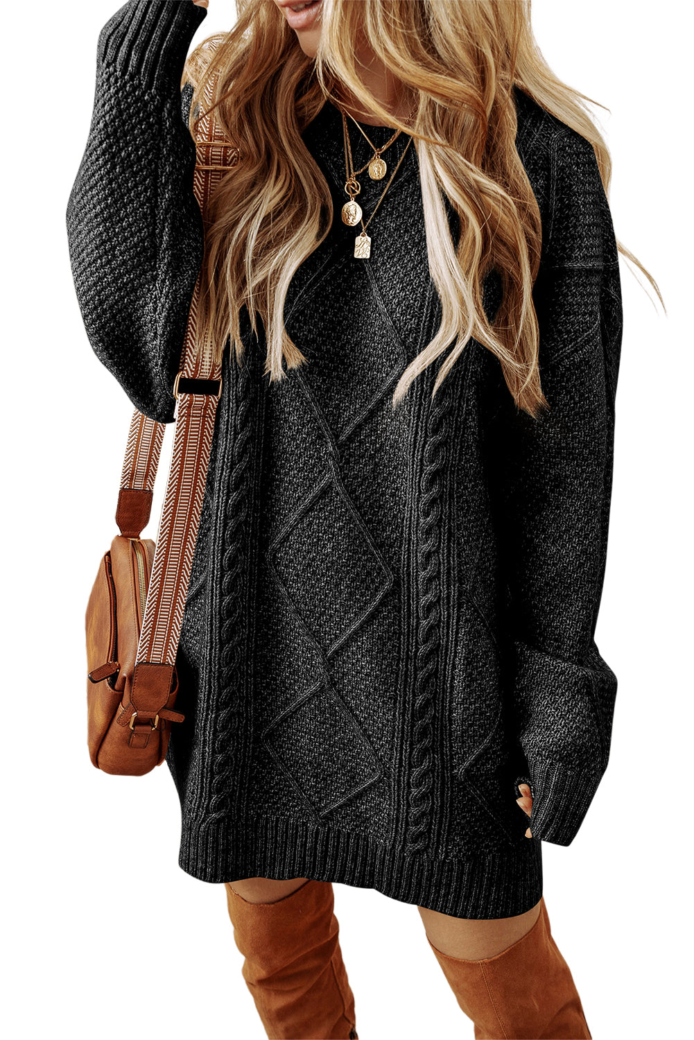 KaleaBoutique Stylish Cable Knit Drop Shoulder Loose Fit Sweater Dress - KaleaBoutique.com