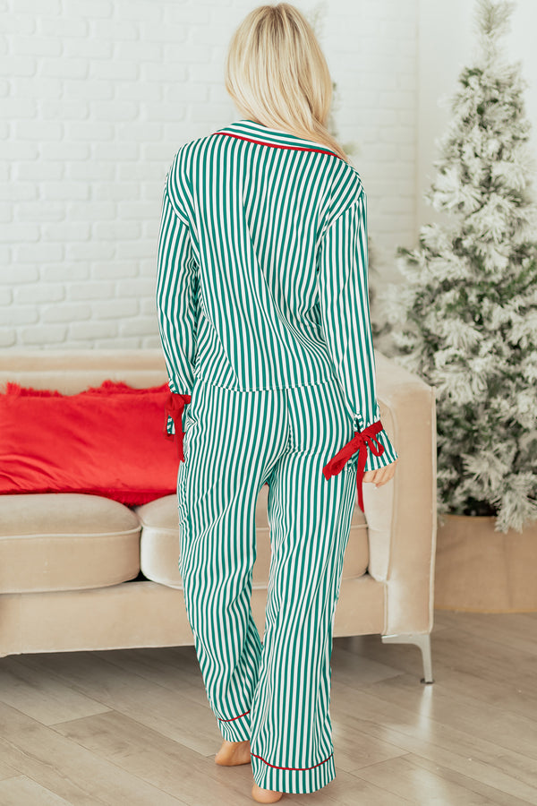 KaleaBoutique Comfortable Contrast Velvet Trim Bow Knot Waist 2pcs Pajama Set - KaleaBoutique.com