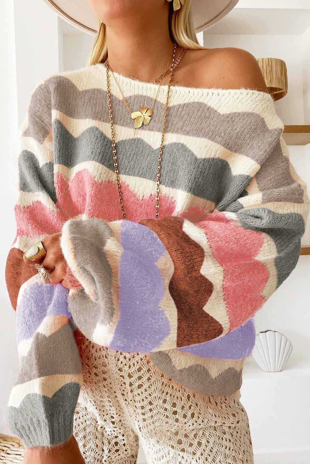 KaleaBoutique Stylish Wave Striped Balloon Sleeve Drop Shoulder Sweater - KaleaBoutique.com