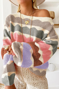 KaleaBoutique Stylish Wave Striped Balloon Sleeve Drop Shoulder Sweater - KaleaBoutique.com