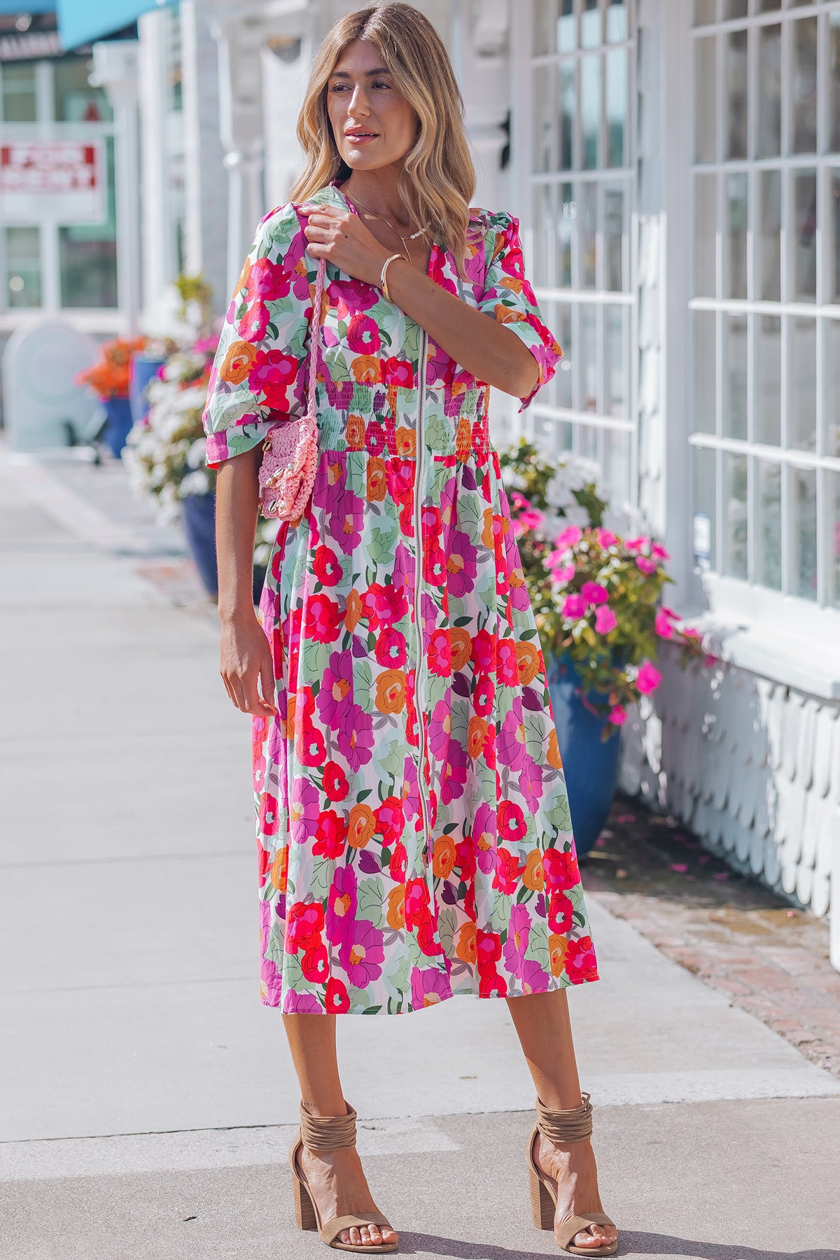 KaleaBoutique Stylish Vibrant Floral Print V Neck Zip Up Puffy Half Sleeve Dress - KaleaBoutique.com
