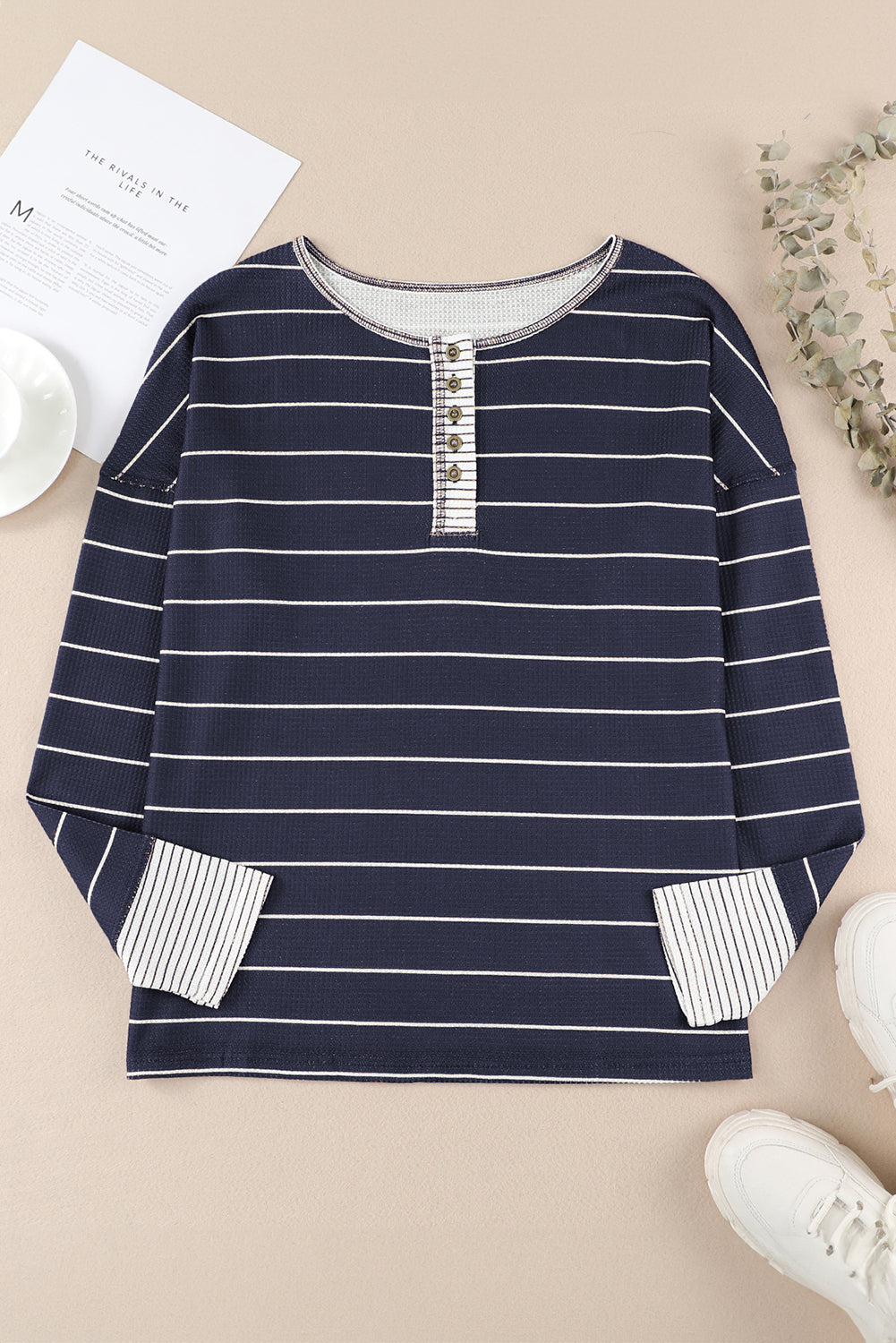 KaleaBoutique Stylish Striped Buttoned Henley Waffle Knit Top - KaleaBoutique.com