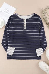 KaleaBoutique Stylish Striped Buttoned Henley Waffle Knit Top - KaleaBoutique.com