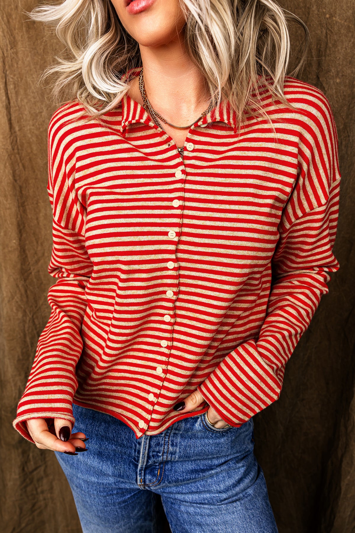 KaleaBoutique Stylish Striped Button Collar Long Sleeve Knit Cardigan - KaleaBoutique.com