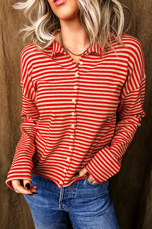 KaleaBoutique Stylish Striped Button Collar Long Sleeve Knit Cardigan - KaleaBoutique.com