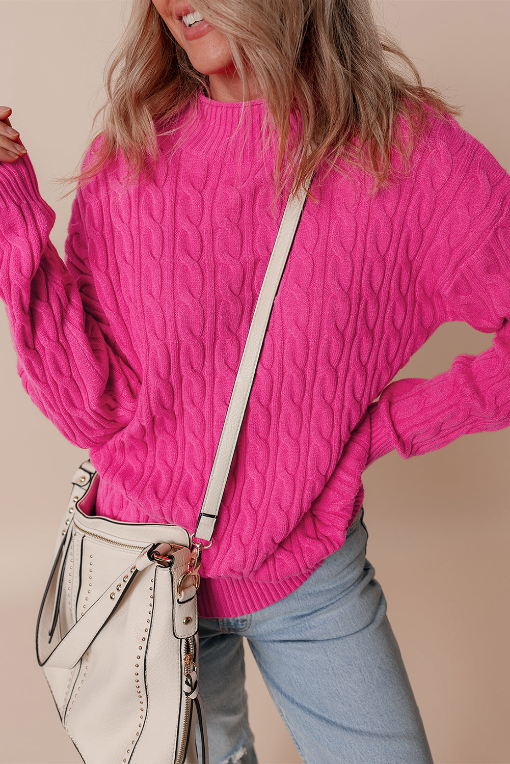 KaleaBoutique Solid Cable Knit High Neck Drop Shoulder Sweater - KaleaBoutique.com