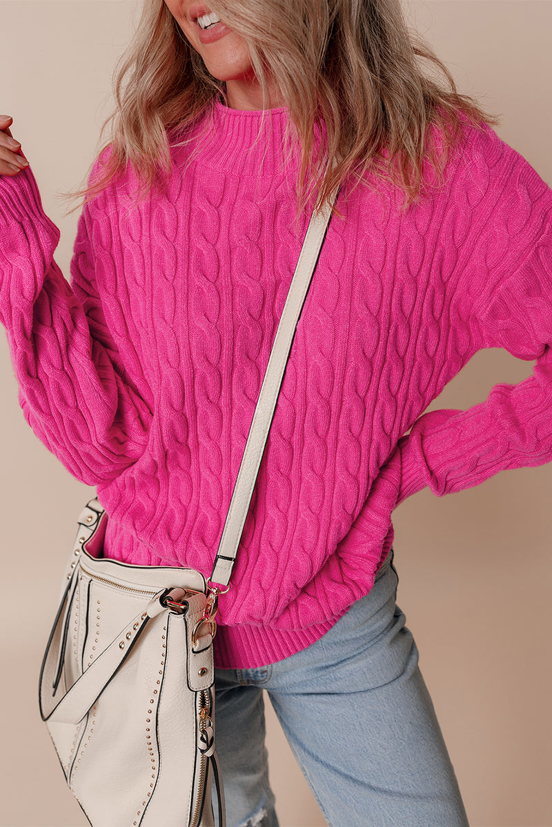 KaleaBoutique Solid Cable Knit High Neck Drop Shoulder Sweater - KaleaBoutique.com