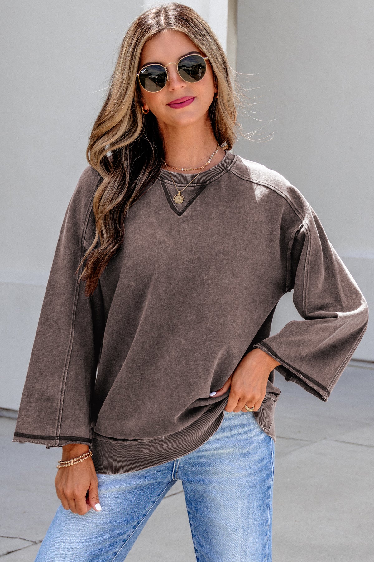 KaleaBoutique Stylish 3/4 Sleeve Mineral Wash Loose Cotton Top - KaleaBoutique.com