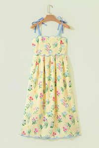 KaleaBoutique Stylish Floral Print Contrast Trim Self-tie Straps High Waist Midi Dress - KaleaBoutique.com