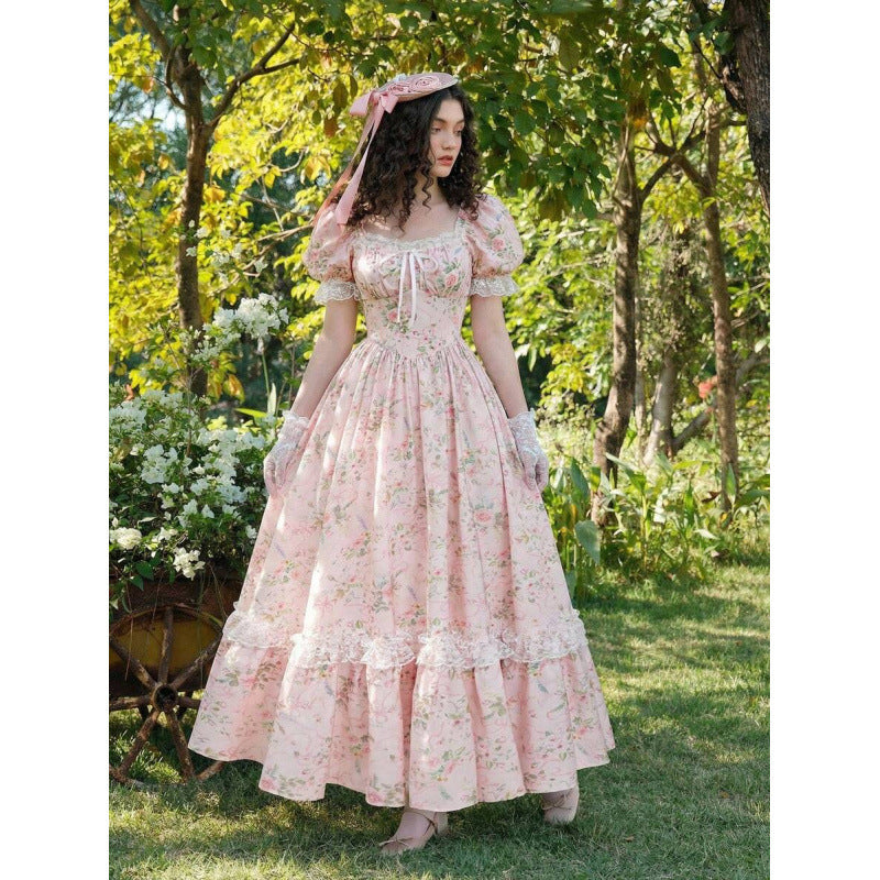Women's Floral Puff-Sleeve Lace-Trim Ruffle-Hem Maxi Dress - KaleaBoutique.com