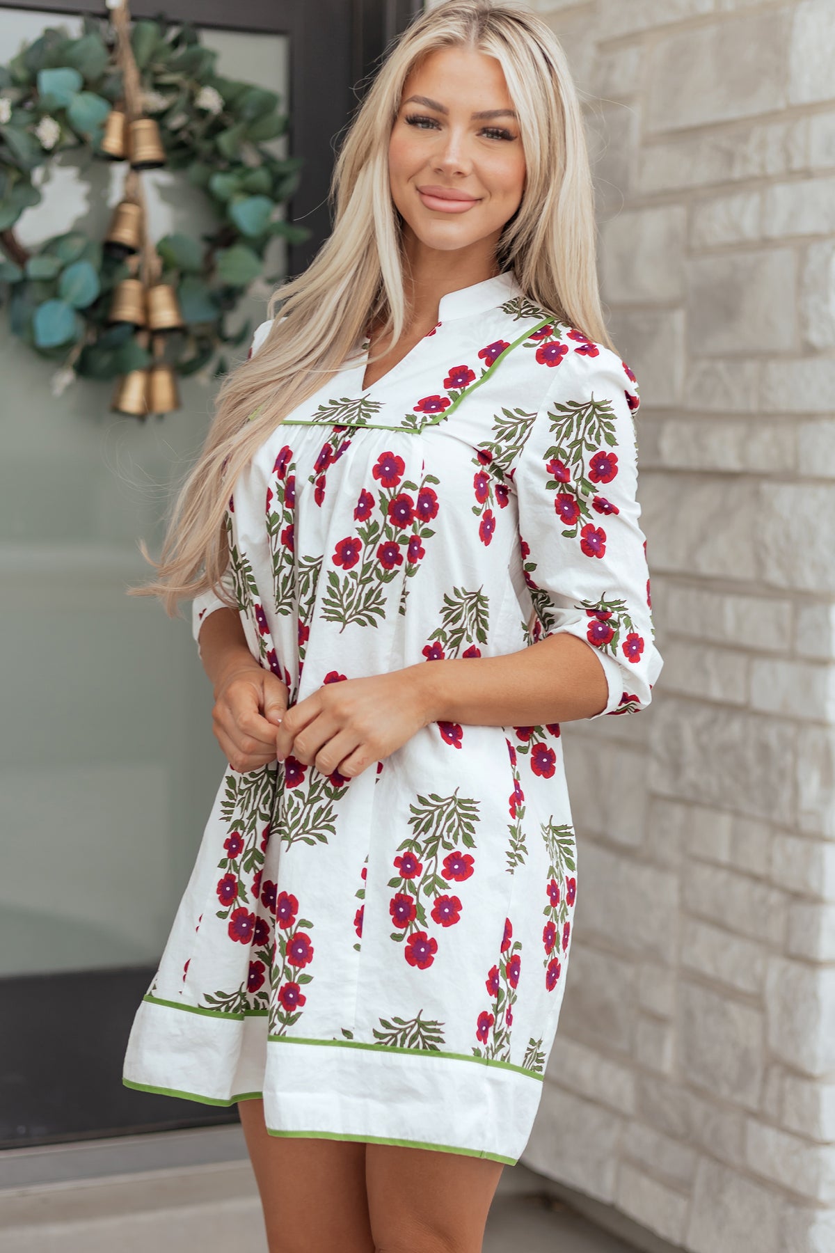 KaleaBoutique Stylish Frilled V Neck 3/4 Sleeve Loose Floral Dress - KaleaBoutique.com