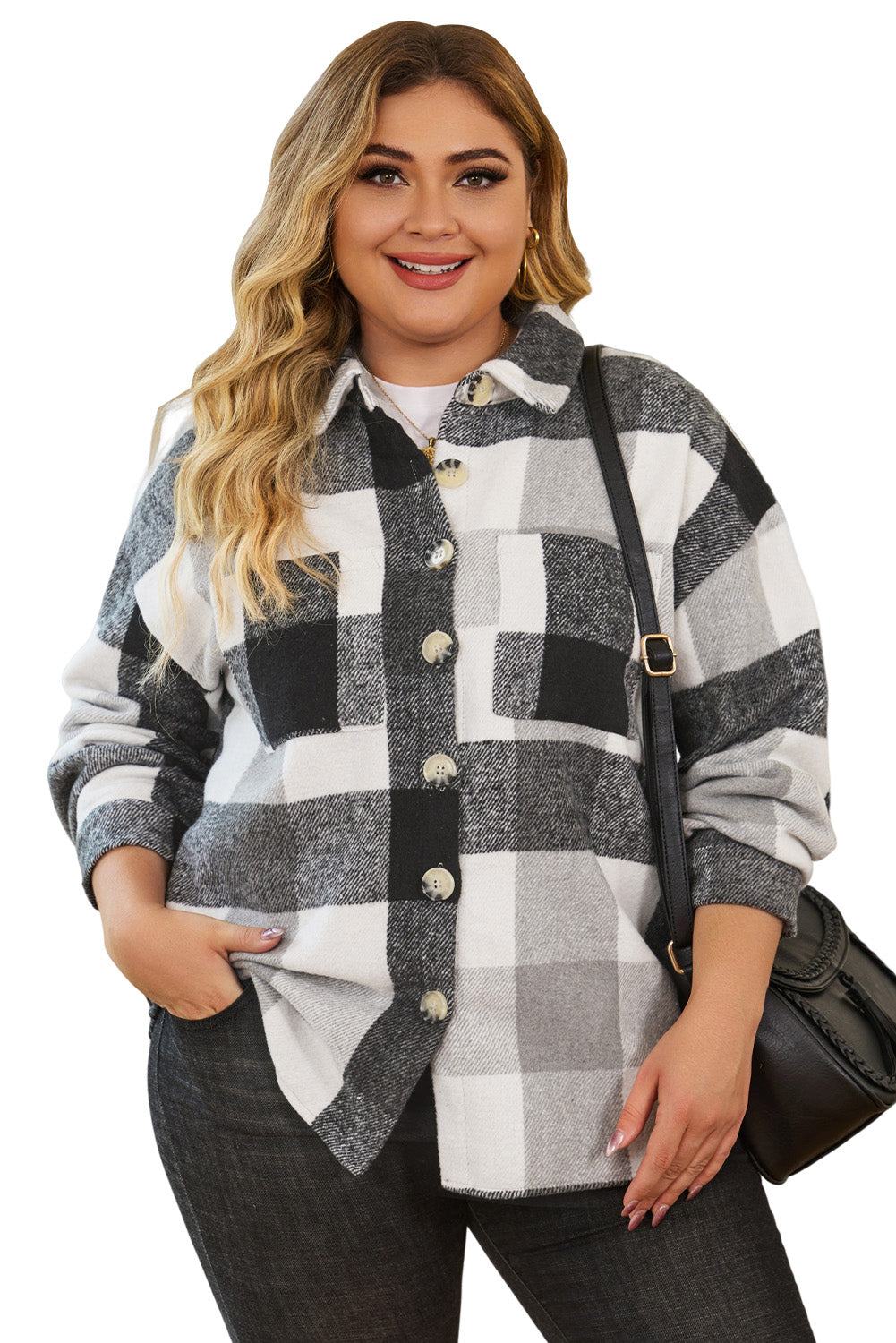 Plus Size Checkered Button-Up Shacket - KaleaBoutique.com