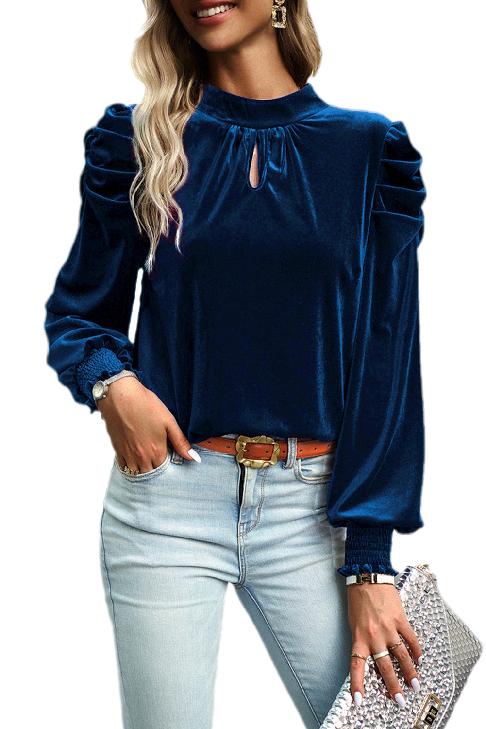 KaleaBoutique Fiery Mock Neck Puff Sleeve Velvet Blouse - KaleaBoutique.com