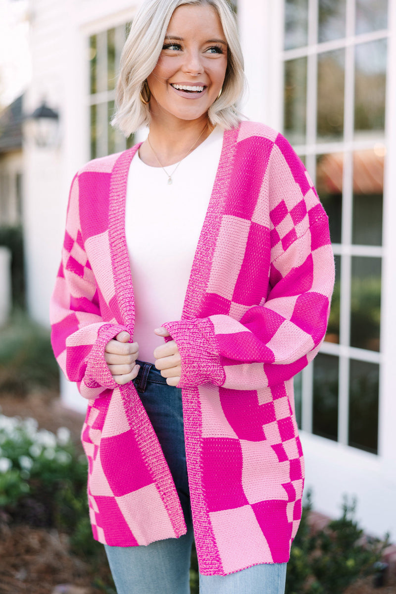 KaleaBoutique Stylish Checkered Printed Ribbed Trim Open Front Cardigan - KaleaBoutique.com