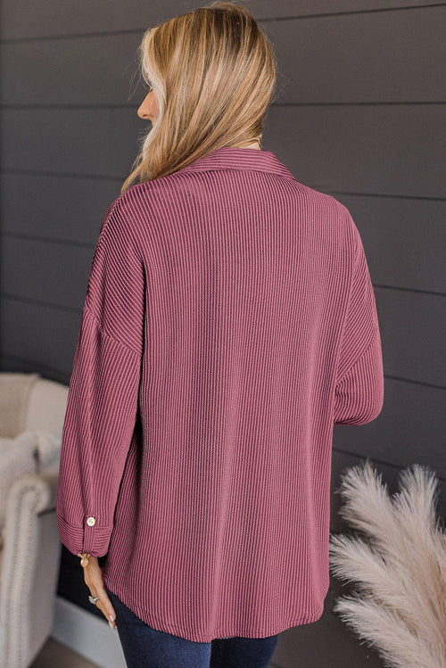 KaleaBoutique Stylish Pink Roll Tab Sleeve Ribbed Cording Shacket - KaleaBoutique.com