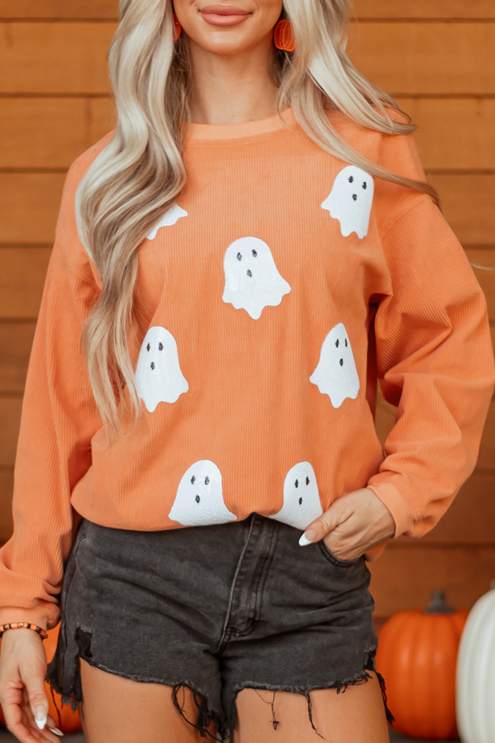 Orange Sequin Ghost Twisted Rib Halloween Sweatshirt - KaleaBoutique.com