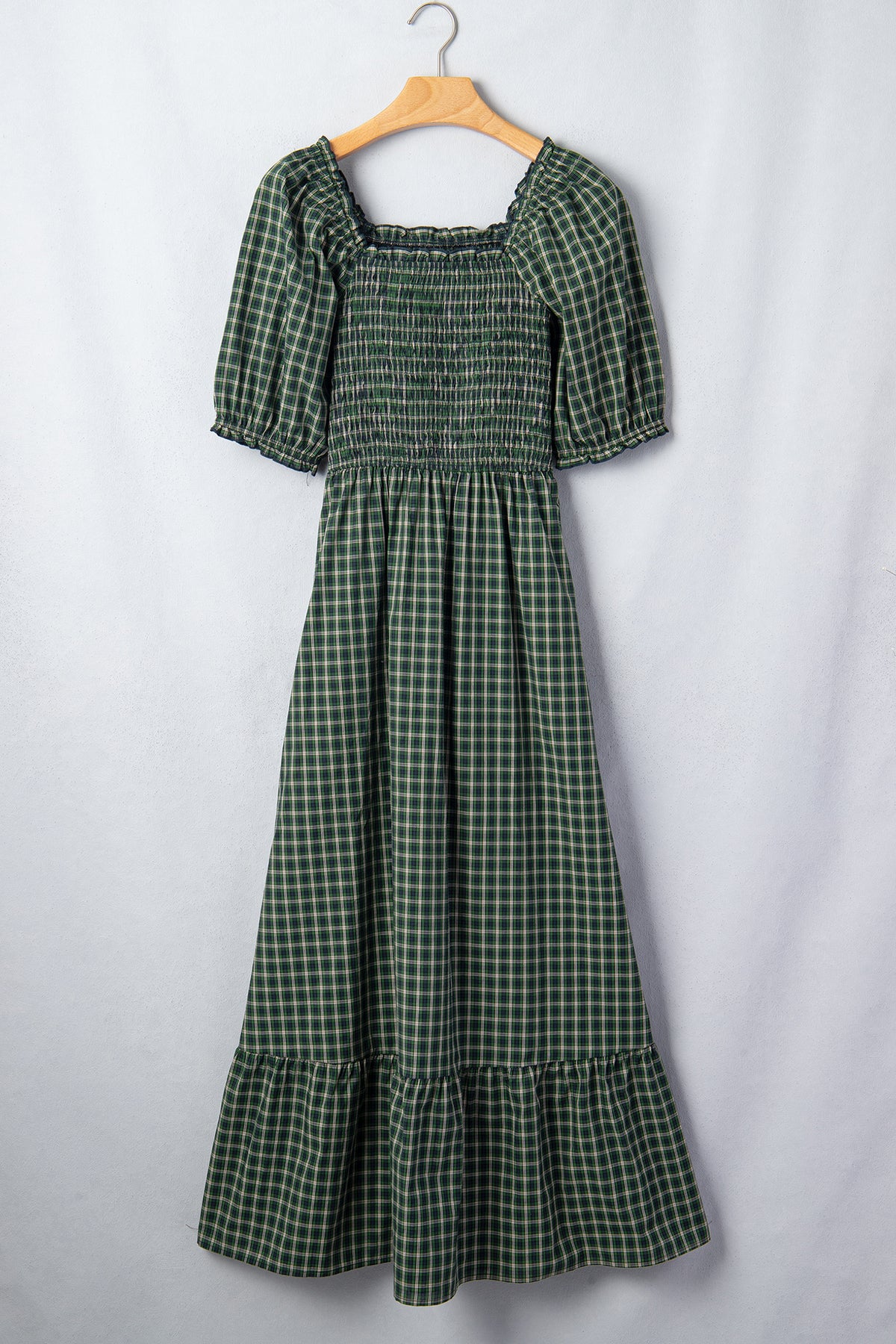 KaleaBoutique Comfortable Plaid Square Neck Shirred High Waist Ruffle Hem Dress - KaleaBoutique.com