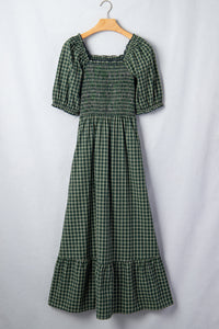 KaleaBoutique Comfortable Plaid Square Neck Shirred High Waist Ruffle Hem Dress - KaleaBoutique.com