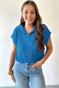 KaleaBoutique Stylish Solid Color Hollowed Knit Short Sleeve Zipper Collar Knitwear Top - KaleaBoutique.com
