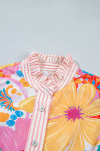 KaleaBoutique Stylish Floral Print Striped Trim Button Down Short Sleeve Vacation Dress - KaleaBoutique.com
