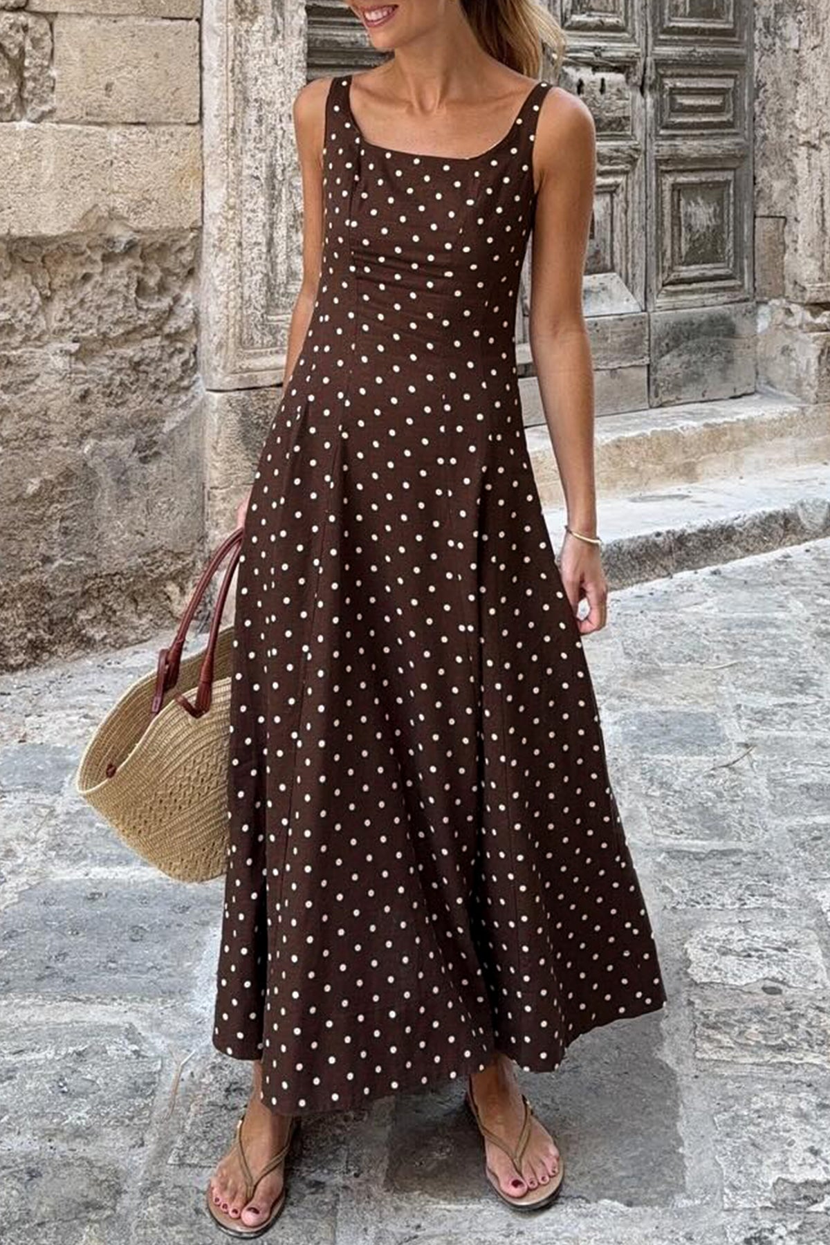 KaleaBoutique Stylish Polka Dot Print Square Neck Sleeveless Vacation Long Dress - KaleaBoutique.com