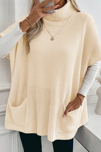KaleaBoutique Comfortable Plain Knit Casual Turtleneck Short Sleeve Tunic Sweater with Pockets - KaleaBoutique.com