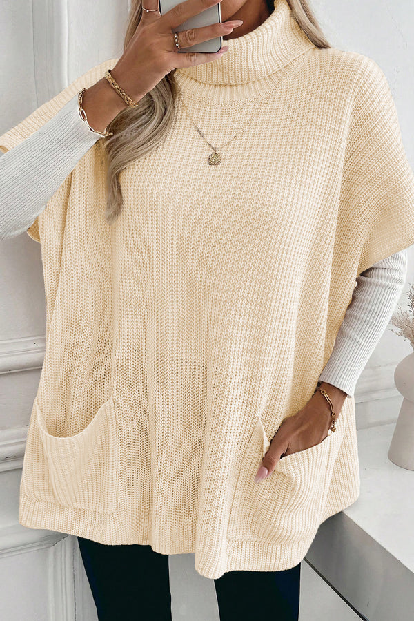 KaleaBoutique Comfortable Plain Knit Casual Turtleneck Short Sleeve Tunic Sweater with Pockets - KaleaBoutique.com