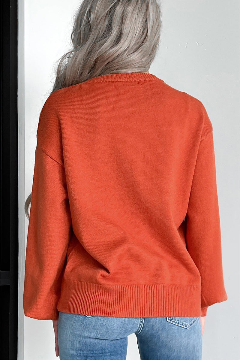 KaleaBoutique Halloween Pumpkin Face Pattern Drop Shoulder Sweater - KaleaBoutique.com