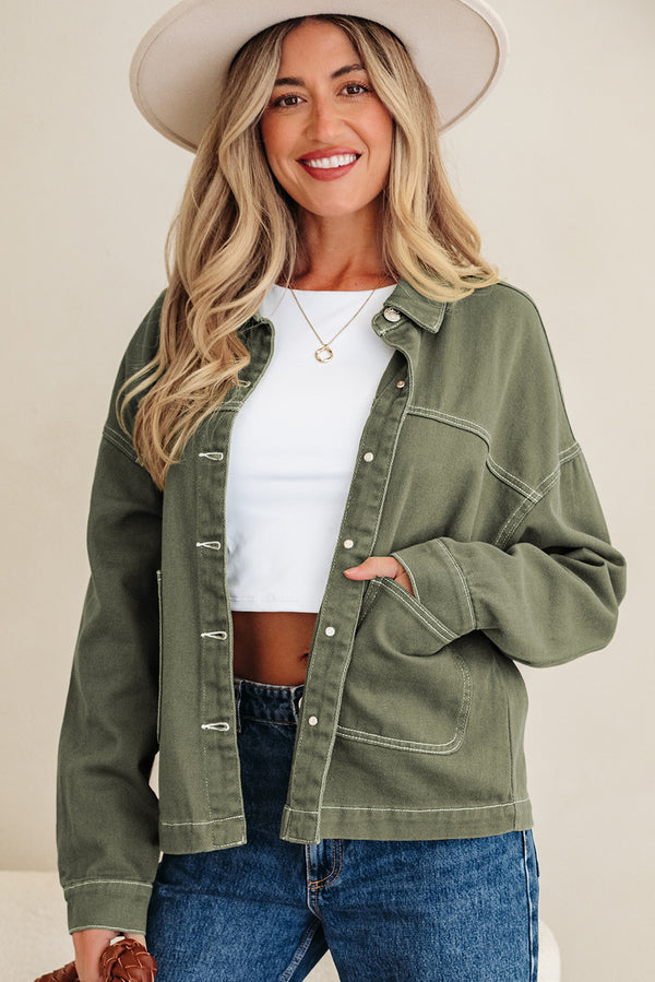 Patched Pocket Collared Button Front Boyfriend Denim Jacket - KaleaBoutique.com