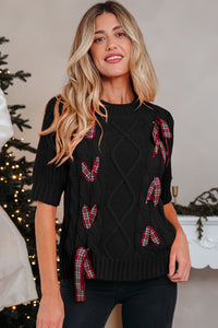 KaleaBoutique Comfortable Plaid Lace up Detail Christmas Holiday Puff Short Sleeve Sweater - KaleaBoutique.com