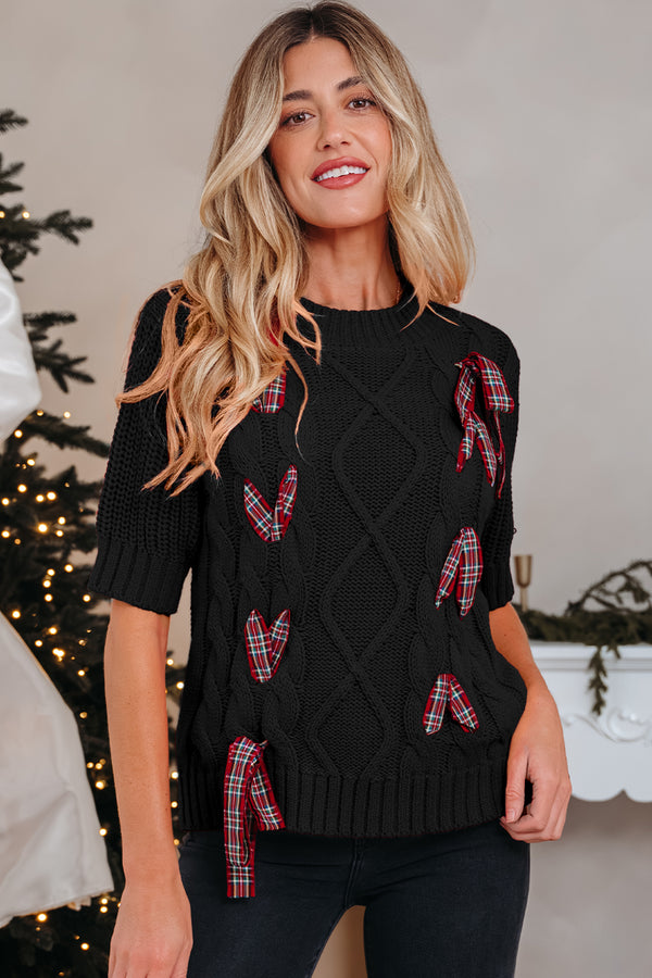 KaleaBoutique Comfortable Plaid Lace up Detail Christmas Holiday Puff Short Sleeve Sweater - KaleaBoutique.com