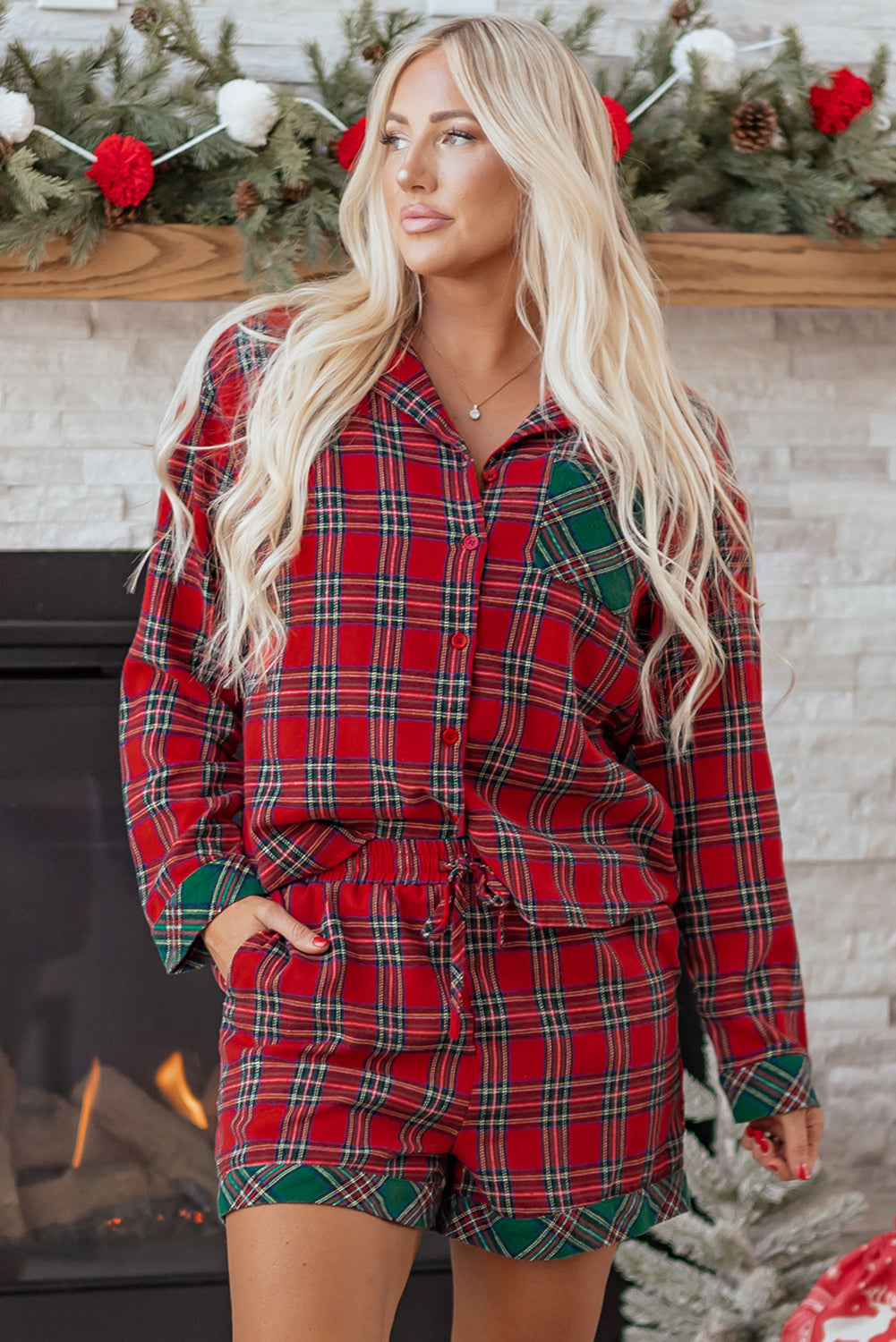 KaleaBoutique Comfortable Dearlovers Plaid Contrast Patched Christmas Holiday Long Sleeve Shirt and Short 2pcs Pajama Set - KaleaBoutique.com