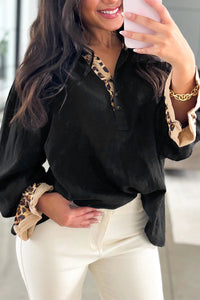 KaleaBoutique Stylish Contrast Leopard Print Patchwork Polo Collar Buttons Front Ruffled Long Sleeve Blouse - KaleaBoutique.com