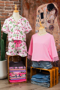 KaleaBoutique Stylish Striped Strawberry Print Lapel Shirt Drawstring Shorts 2pcs Pajama Set - KaleaBoutique.com