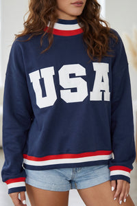 KaleaBoutique Comfortable USA Slogan Patch Embroidery Colorblock High Neck Long Sleeve Sweatshirt - KaleaBoutique.com