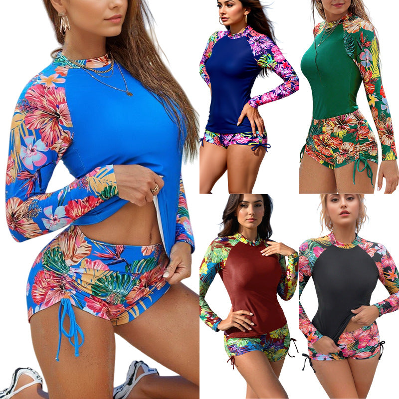Women's Tropical Floral Long-Sleeve Swim Top With Back Zipper 2 PC Tankini Set - KaleaBoutique.com