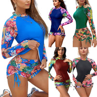 Women's Tropical Floral Long-Sleeve Swim Top With Back Zipper 2 PC Tankini Set - KaleaBoutique.com