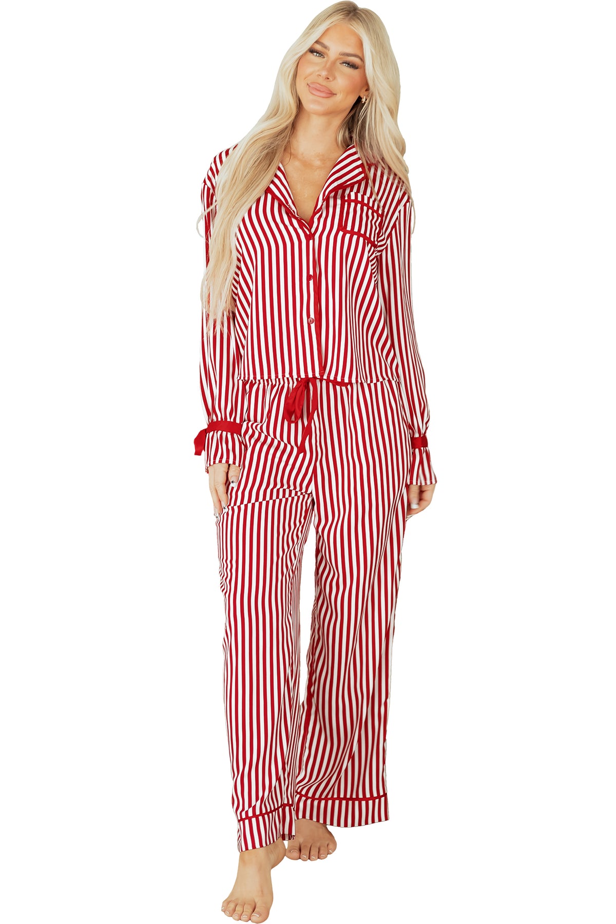 KaleaBoutique Comfortable Contrast Velvet Trim Bow Knot Waist 2pcs Pajama Set - KaleaBoutique.com