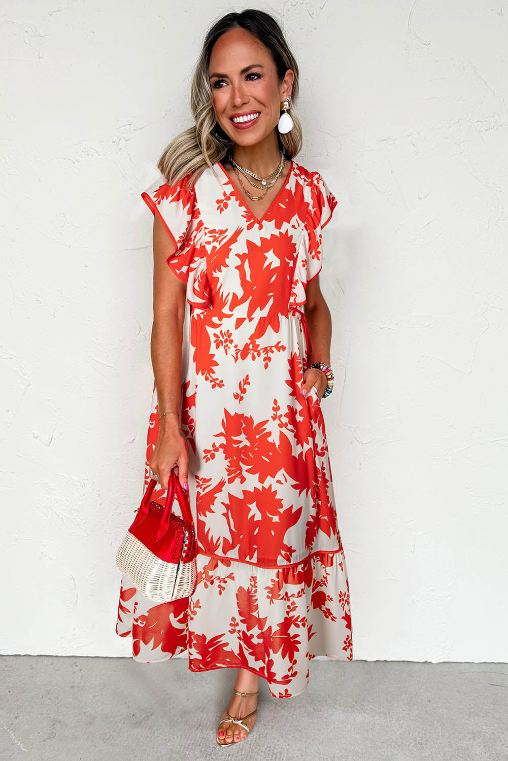 KaleaBoutique Stylish Floral Print Trimmed V Neck Ruffle Sleeve Long Dress - KaleaBoutique.com