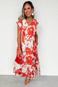 KaleaBoutique Stylish Floral Print Trimmed V Neck Ruffle Sleeve Long Dress - KaleaBoutique.com
