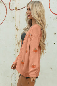 KaleaBoutique Comfortable Pumpkin Print Open Front Drop Shoulder Midi Cardigan - KaleaBoutique.com