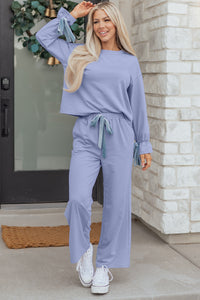 KaleaBoutique Comfortable Flounce Long Sleeve Top Drawstring Pants Contrast Velvet Bow Knot 2pcs Lounge Set - KaleaBoutique.com