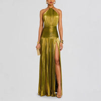 Women's Metallic-Look Pleated Halter-Neck Slit Maxi Dress - KaleaBoutique.com