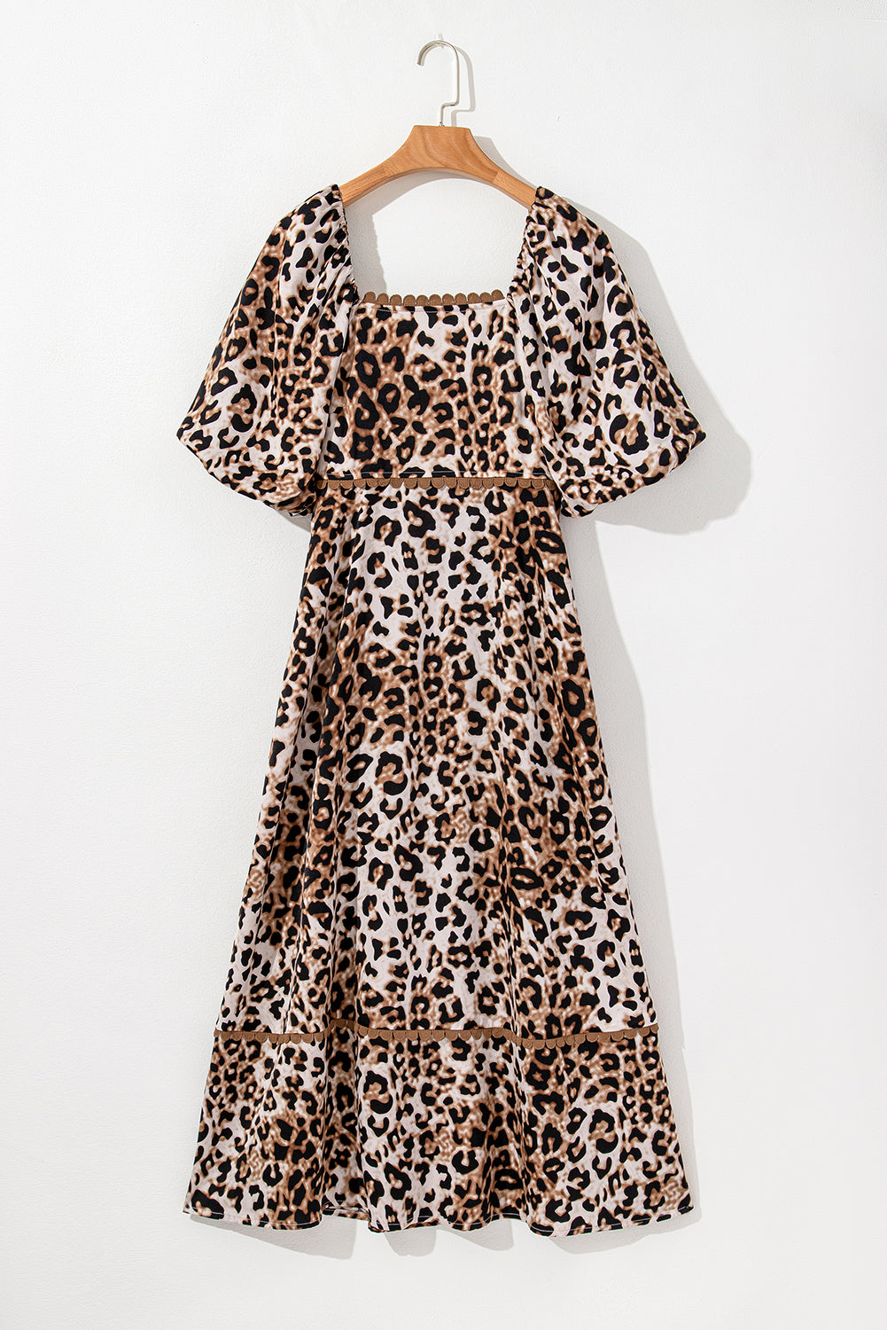 KaleaBoutique Stylish Leopard Print Bubble Sleeve Square Neck Maxi Dress - KaleaBoutique.com
