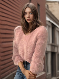 Women's Fuzzy V-Neck Long-Sleeve Pullover Sweater - KaleaBoutique.com
